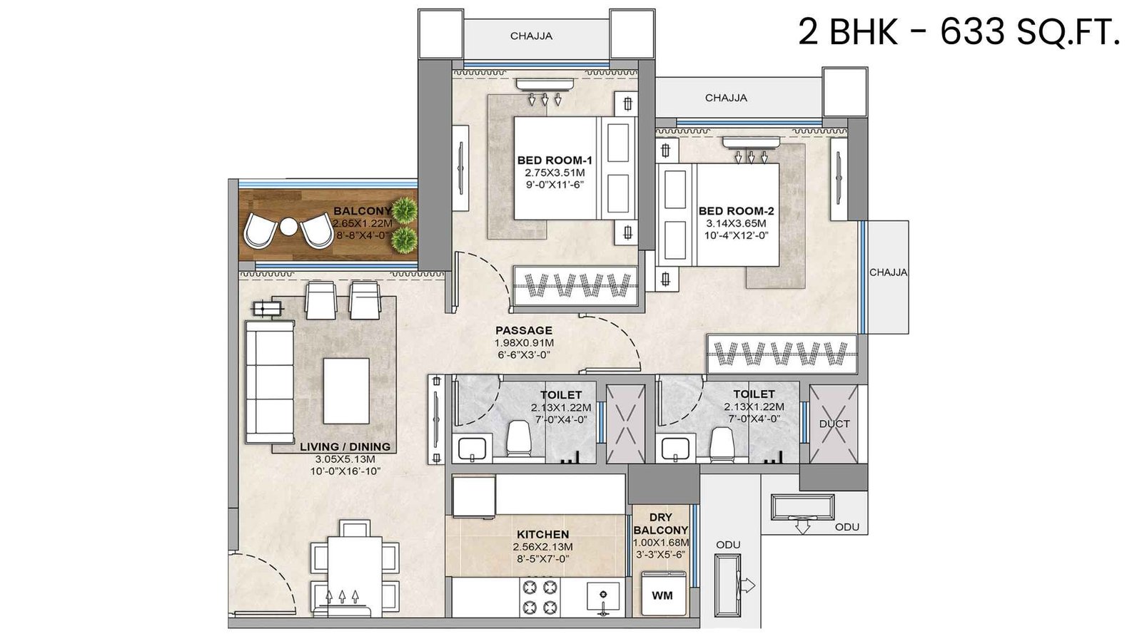 Sector-Zero-Navi-Mumbai-Floor-Plan-2-BHK-633-Sqft