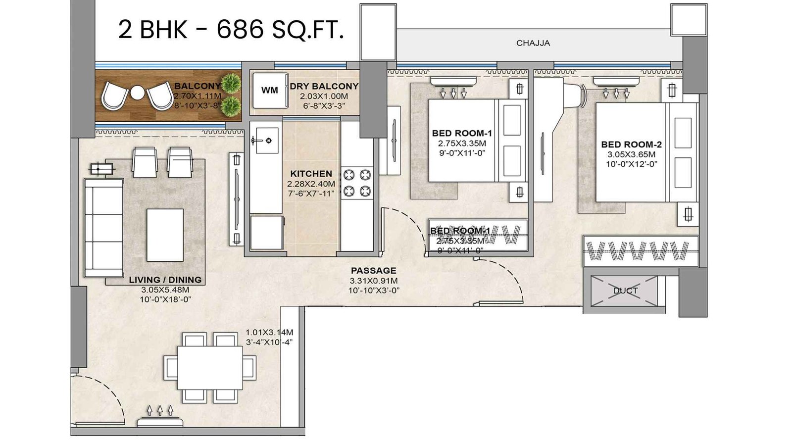 Sector-Zero-Navi-Mumbai-Floor-Plan-2-BHK-686-Sqft