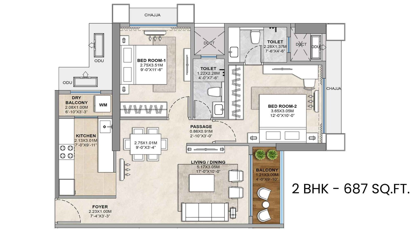 Sector-Zero-Navi-Mumbai-Floor-Plan-2-BHK-687-Sqft